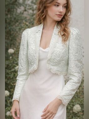 Vintage Neiman Marcus Jane Woolrich Cropped Bolero Jacket Mint Lace S/M Bridal